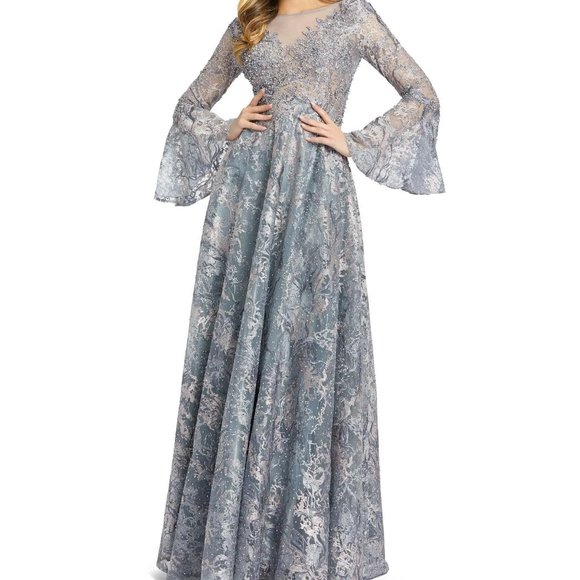 NWT MAC DUGGAL SZ‎ 18 20258 GREY MULTI EMBELLISHED ILLUSION BELL SLEEVE DRESS - Picture 1 of 3